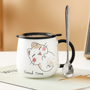 Tuojin cat cup mark with lid spoon ceramic water cup ceramic cartoon male and female couple cup office coffee breakfast cup little yellow cat (cup + lid) free ordinary spoon
