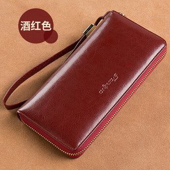 Women's wallet long leather zipper large capacity clutch 2025 new fashion wallet women's card holder burgundy (anti-theft brush)