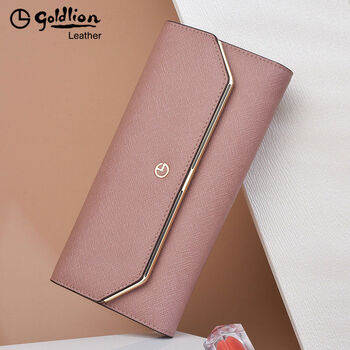 Wallet for women 2024 new style long genuine leather fashionable simple three-fold clutch bag for mother-in-law ladies handbag pink taro color exquisite gift box packaging