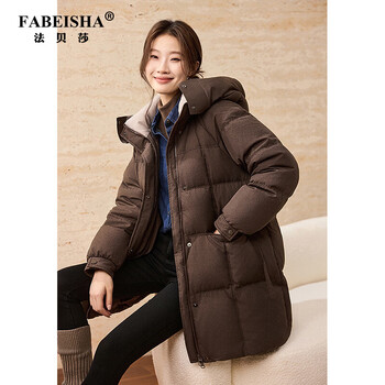 Fabesa brand mid-length down jacket for women 2026 new imitation linen twill puff loose casual warm temperament jacket winter tan m