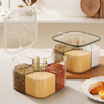 Home katei story japanese divided seasoning box set four-grid kitchen household salt shaker msg storage box seasoning jar with spoon olive green multi-grid refuse odor & food grade