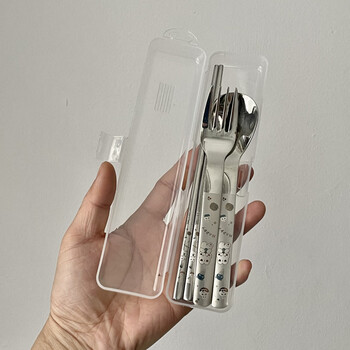 Tuojin imported quality 316 stainless steel fork, spoon and chopsticks three-piece set from japan, cute student tableware for dining in canteen 316 steel_rabbit color carving three-piece set + box