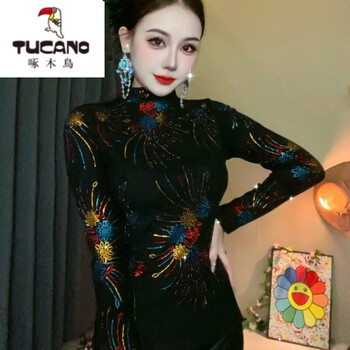 Woodpecker (tucano) heavy-duty hot-drilled german velvet bottoming shirt for women in autumn and winter, fashionable, fashionable and fashionable belly-covering mother's brushed warm shirt, black l, recommended 80 to 100 pounds