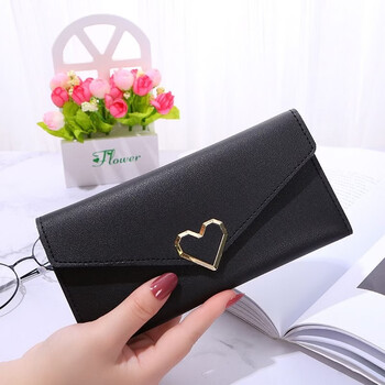 Domestic products carefully selected 2022 new plain heart-shaped wallet women's long multi-card slot buckle mobile phone women's wallet black