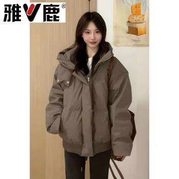 Yalu american-style pu leather clothing women's short high-collar down jacket winter new retro thickened hooded bread jacket trendy coffee color s recommended 80-125 pounds