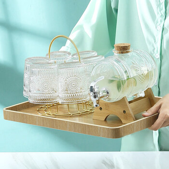 Refrigerator kettle glass cold kettle summer home with faucet fruit teapot lemonade bottle cold kettle upgrade square plate + refrigerator kettle + base + 6 cups + cup holder fruit teapot do not add 9