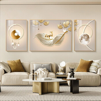 Fantasy golden deer fantasy feather light luxury living room painting atmospheric sofa background wall decoration painting meaning good wall hanging painting j type golden deer magic feather package installation side 70x90 medium 120x90 (3.8 meters above gold frame aluminum alloy frame crystal porcelain painting diamond style triple