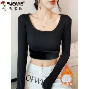 Woodpecker (tucano) new autumn and winter 2025 velvet thickened long-sleeved bottoming shirt for women large size warm slim fat mm underwear t-shirt top black velvet thickened 4xl size 180-200 pounds