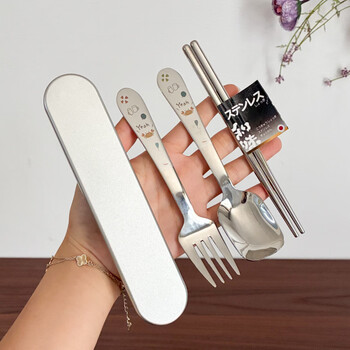 Tuojin japan imported quality 316 stainless steel chopsticks, spoons and forks three-piece set for children's outdoor canteen portable meals 316 stainless steel_children's portable tableware spoon + fork + chopsticks + storage box