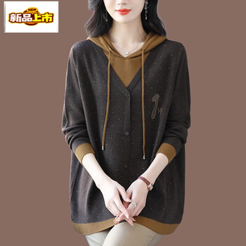 Initial diameter fat mm plus fat plus size fake two-piece hooded pullover wool knitted bottoming shirt loose and stylish for women in winter mustard yellow l 110-120 pounds