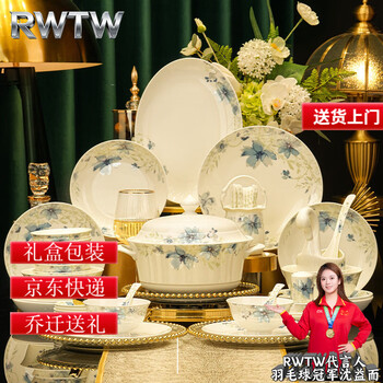 Rwtw underglaze color bowl and dish set household new high-value jingdezhen ceramic tableware bowls and chopsticks housewarming gift 60-piece luxury set with rich pot high-end brocade box