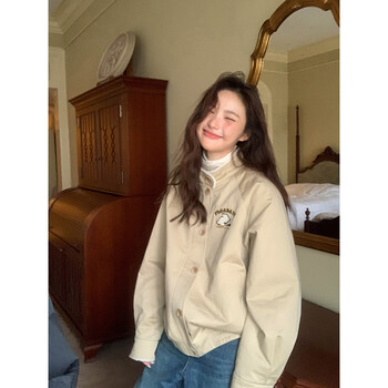 Hello canon embroidered furry american style jacket women's autumn and winter 2025 new loose small padded top khaki xs