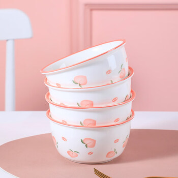Tuojin jingdezhen quality internet celebrity peach bowl and plate set japanese household ceramic tableware bowl noodle bowl soup bowl couple 5.0 inch rice bowl 4 pieces