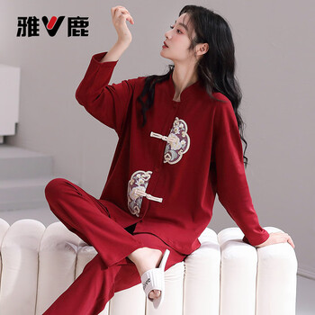 Yalu natal red pajamas for women spring and autumn autumn long-sleeved pure cotton home clothes natal year of the horse new chinese style cy8051 female m 160 weight 80-100 pounds