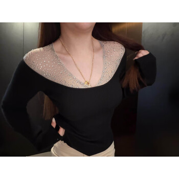 Hengyuan xiangju's beautiful hot diamond knitted bottoming shirt for women, unique autumn and winter style, super beautiful, thick diamond top, brand black l (105-120 pounds)