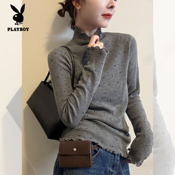 Playboy (playboy) 200 pounds can wear this year's popular korean style knitted tops for women in autumn and winter polka dot half turtleneck sweater bottoming shirt gray l recommended 105-120 pounds