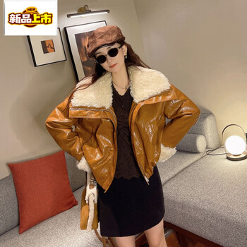 Early diameter plus velvet thickened leather jacket for women 2025 autumn and winter short style for small people with fur integrated soft leather trendy cool hot girl orange m
