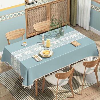 Mufan light luxury and high-end imitation cotton and linen tablecloth, no-wash, oil-proof, waterproof, anti-scalding coffee table cover, rectangular dining table mat, elk light blue 140*180cm