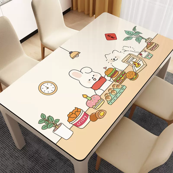 Yusenyi soft glass pvc table mat simple cartoon waterproof oilproof anti-scalding no-wash square tablecloth desk tea everyday happiness 90x130cm