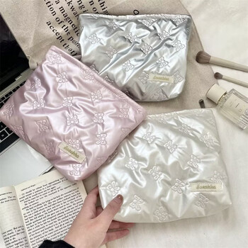 W korean quilted love clutch cosmetic bag skin care product coin purse multi-functional storage bag with women's pu cosmetic bag/bow silver 24*5*18cm