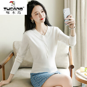 Woodpecker (tucano) v-neck short sweater for women, spring, autumn and winter pullover, slim waist, long-sleeved tops for small people, knitted sweater for inner layering, white v-neck m, recommended for 91-102 pounds