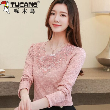 Woodpecker (tucano) velvet lace bottoming shirt for women 2026 new autumn and winter thickened warm top embroidered lace fashionable shirt for outer wear pink m (recommended 80-105 pounds)