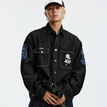 Medm solid color simple casual lapel denim jacket spring and autumn trendy digital logo patch loose jacket men denim color l