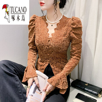 Woodpecker (tucano) fashionable v-neck puff sleeve top, stylish tight inner layering shirt, autumn and winter flocked lace shirt, women's long-sleeved european product, coffee color l