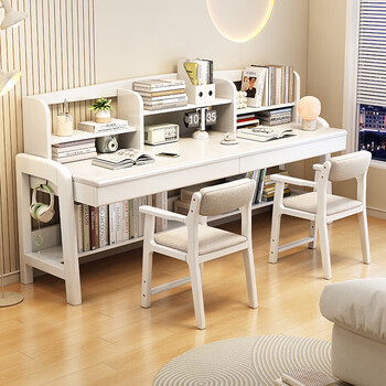 Yusenyi solid wood children's desk chair 6-18 years old liftable bookshelf combination set solid wood home children's learning yayj805#ivory white table+lift chair*2 180x60x110cm