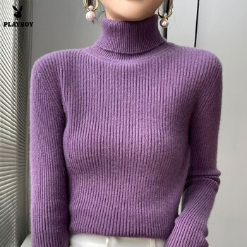 Playboy (playboy) turtleneck sweater for women, autumn and winter pullover bottoming shirt with coat, slim fit knitted sweater long-sleeved top, official flagship purple s, recommended 85-95 pounds