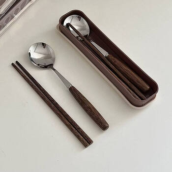 Tuojin ins korean solid wood chopsticks and spoons set portable storage box with retro feel for one person student and office worker solid wood two-piece set - round spoon + chopsticks + same storage box