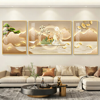 Sensational painter he wanshixing living room decorative painting light luxurious sofa background wall hanging painting jinshan advanced triple mural z7672-jiahe wanshixing left and right 35*50 middle 70*50 textured oil canvas thickened aluminum alloy gold frame