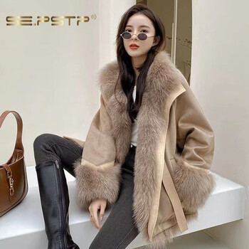 Xia dian suding queen (se.pstp) suede stitching fur lining jacket women's mid-length 2025 new style small and young mocha brown original light luxury brand official flagship s