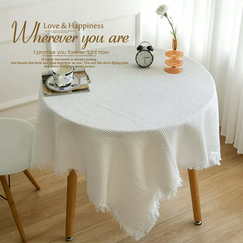 Yusenyi chinese style ethnic geometric cotton and linen morandi color lace tablecloth coffee table cloth high-end round tablecloth dining waffle white thickened double-sided 90x150cm