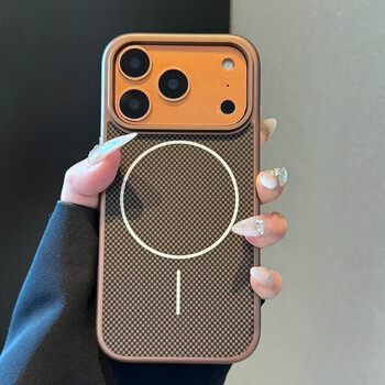 Fan haoyi's light luxury and high-end sense is suitable for iphone17promax mobile phone case with embossed particles. apple 16pro all-inclusive frosted anti-fall ip15/14pm protective cover simple 13 men and women plaid pattern high-grade brown-magnetic suction frosted skin feel-metal buttons iphone17promax