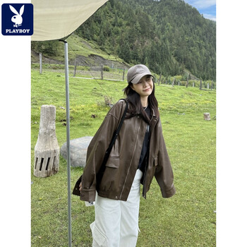 Playboy (playboy) maillard leather jacket women's 2026 early spring new women's brown american hong kong style retro motorcycle brown s