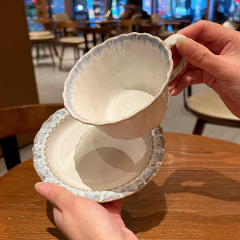 He jiagong cup private hidden blue embossed cup lace retro cup and saucer set tableware smoke blue tableware cup and saucer set 2 sets