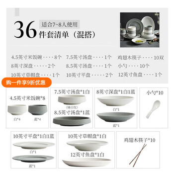 Qianke bowl and dish set household bowl simple high-end tableware set ceramic chinese tableware set light luxury bowl and plate set blue and white slim waist 36-piece set gift box