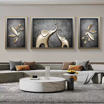 Yusenyi modern light luxury living room decorative painting, atmospheric sofa background wall hanging painting, crystal porcelain triptych, elephant good apartment, good luck and wealth, brushed aluminum alloy frame-(waterproof art texture side) light luxury golden frame 3-left and right 50x70-middle 100x70 suitable for 3