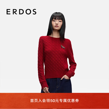 Erdos zodiac series 25 autumn and winter round neck decoration cable flower college style commuting new year red women's pullover cashmere sweater medieval red m 165/84a