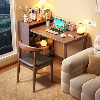 Huixun solid wood desk foldable desk with bookshelf integrated computer desk small apartment home desk student writing desk fas grade rubber wood without veneer walnut #folding desk 100cm*60cm*75cm total height 85cm