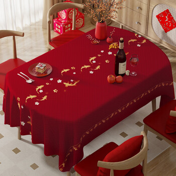 Junyuexi new year tablecloth light luxury and high-end 2026 new waterproof and oil-proof no-wash red festive meal new year chinese atmosphere goldfish blessing-tong version (2.0 upgraded encryption cloth waterproof and oil-proof) 140*200cm suitable for 6 people rectangular / oval table