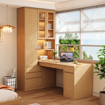 Zhenxiangjia all solid wood desk corner bookcase integrated desk wall cabinet solid wood display cabinet storage cabinet (oak) 1.4m bookcase + 1.2m desk bookcase height 2.2 meters
