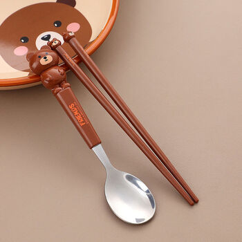Yusenyi cartoon 304 stainless steel spoon and fork portable set personal special children's eating chopsticks spoon cute tableware brown bear two-piece set spoon + chopsticks