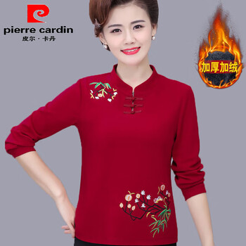 Pierre cardin velvet thickening mother's wear ethnic style bottoming shirt new long-sleeved women's top middle-aged and elderly women's embroidered dance clothing burgundy plus velvet 4xl recommended 130-145 pounds