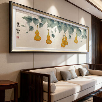 Fantasy gourd decorative painting living room sofa background wall hanging painting brocade mural model + five blessings ancient elegant three-dimensional right-angle frame + brocade painting core + plexiglas mounting package installation 220x80 brocade single