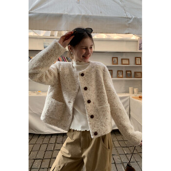 Eggka korean girl floral yarn texture woolen quilted round neck cardigan temperament short winter coat e26c10033ym off-white s