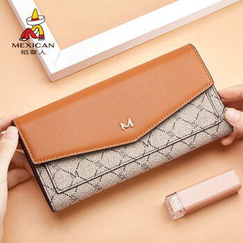 Scarecrow 2024 new women's long wallet fashionable genuine leather student korean version genuine cowhide simple wallet 200602 khaki