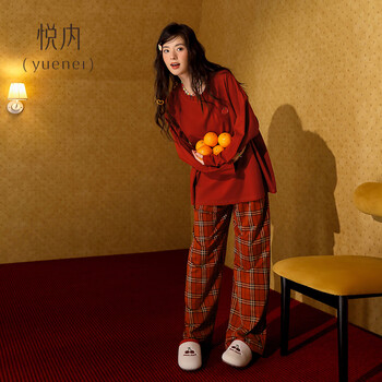 Yuenei pajamas with breast pads for women spring and autumn pure cotton long sleeve pullover round neck large size home clothes red zodiac year set b22733 retro red with breast pads l (165) weight 110-120 jin