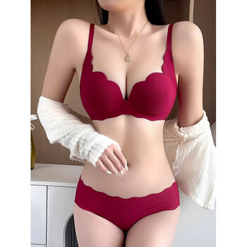 Triumph red underwear women's small breast gathering and enlarging top support anti-sagging seamless wireless underwear bra zodiac year set burgundy set 75b 34b